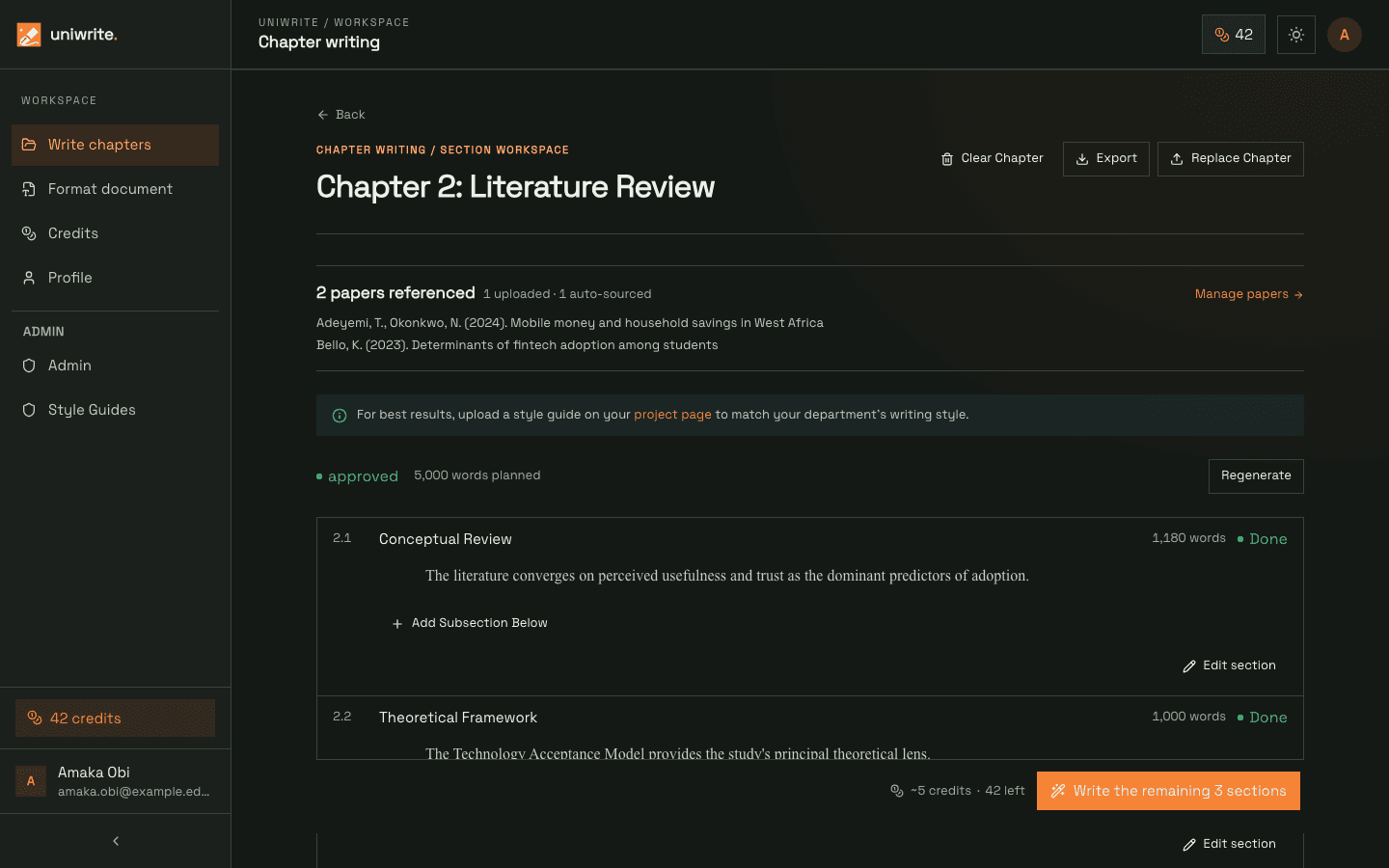 The Uniwrite chapter workspace, showing sections, progress, and actions.