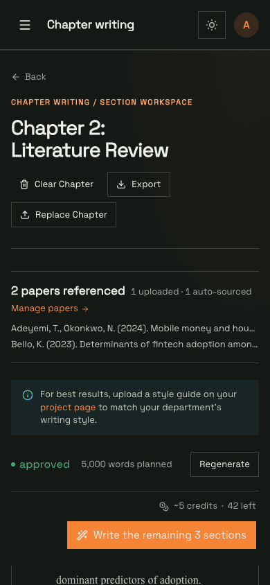 The Uniwrite chapter workspace on a phone, showing numbered sections and their progress.